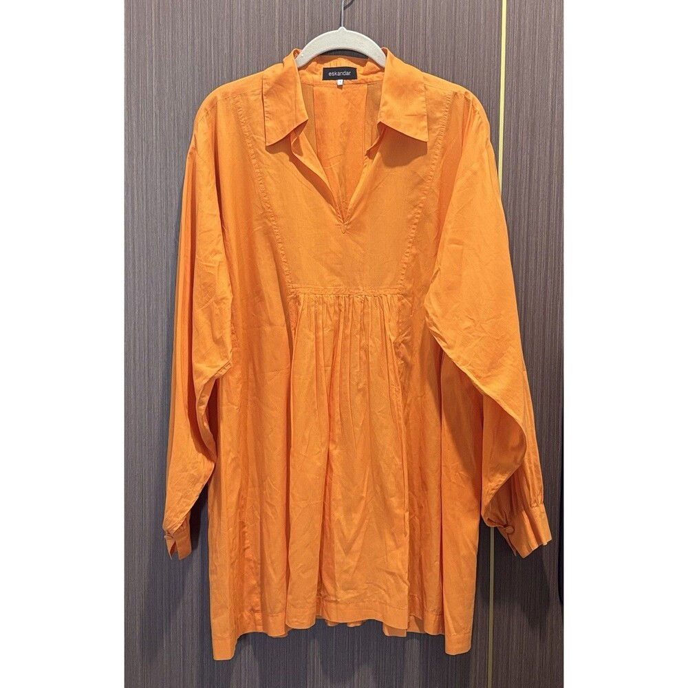 Eskandar Cotton Poplin Tunic Top Pleated Oversized Lagenlook Orange Size 1 As Is